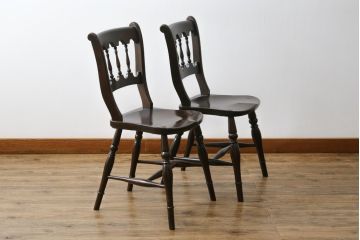 中古　松本民芸家具　#49型A　背もたれの美しいデザインが印象的なワイコムチェア2脚セット(板座チェア、ダイニングチェア、椅子、イス)(定価2脚で約22万円)(R-074375)