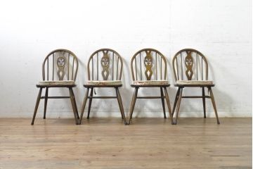 イギリスビンテージ　ERCOL(アーコール)　アザミの透かし彫りが上品な印象を与えるシスルバックチェア4脚セット(椅子、イス、板座チェア、ダイニングチェア、ウィンザーチェア、ウインザーチェア、ヴィンテージ、英国)(R-074384)