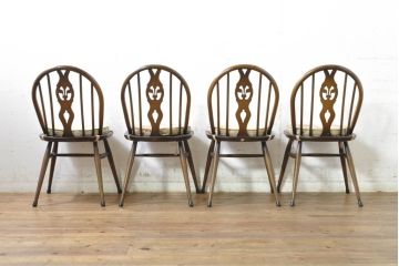 イギリスビンテージ　ERCOL(アーコール)　アザミの透かし彫りが上品な印象を与えるシスルバックチェア4脚セット(椅子、イス、板座チェア、ダイニングチェア、ウィンザーチェア、ウインザーチェア、ヴィンテージ、英国)(R-074384)