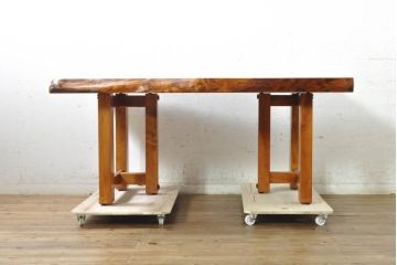 中古　美品　国産　一枚板　風格漂う2wayダイニングテーブル(4人掛け、6人掛け、食卓、座卓、リビングテーブル、センターテーブル)(R-074389)
