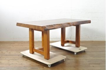 中古　美品　国産　一枚板　風格漂う2wayダイニングテーブル(4人掛け、6人掛け、食卓、座卓、リビングテーブル、センターテーブル)(R-074389)