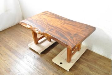中古　美品　国産　一枚板　風格漂う2wayダイニングテーブル(4人掛け、6人掛け、食卓、座卓、リビングテーブル、センターテーブル)(R-074389)