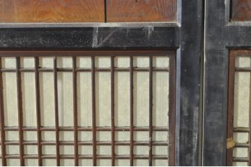 アンティーク建具　鏡板欅(ケヤキ)材　古民家インテリアにもおすすめな障子帯戸2枚セット(引き戸、板戸、格子帯戸、障子戸)(R-074400)