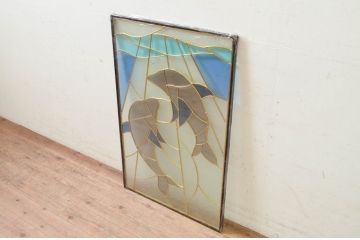 未使用品　二匹の海豚(にひきのいるか)　デットストック品のステンドグラス(建具、ドア、窓、照明、衝い立て、衝立、つい立て)(定価約10万4千円)(R-074433)