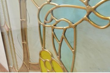 未使用品　蜂鳥と花(はちどりとはな)　デットストック品のステンドグラス(建具、ドア、窓、照明、衝い立て、衝立、つい立て)(定価約12万4千円)(R-074453)