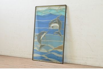 未使用品　親子の海豚(おやこのいるか)　デットストック品のステンドグラス(建具、ドア、窓、照明、衝い立て、衝立、つい立て)(定価約12万円)(R-074455)