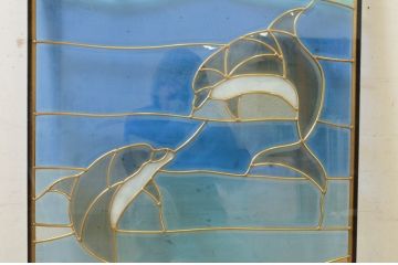 未使用品　親子の海豚(おやこのいるか)　デットストック品のステンドグラス(建具、ドア、窓、照明、衝い立て、衝立、つい立て)(定価約12万円)(R-074455)