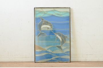 未使用品　親子の海豚(おやこのいるか)　デットストック品のステンドグラス(建具、ドア、窓、照明、衝い立て、衝立、つい立て)(定価約12万円)(R-074455)