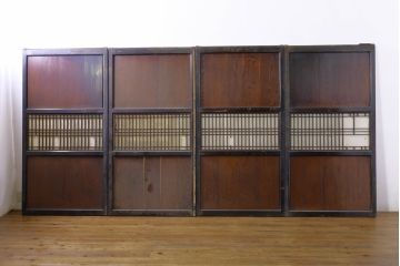 アンティーク建具　鏡板欅(ケヤキ)材　和の情緒あふれる障子帯戸4枚セット(引き戸、板戸、障子戸)(R-074470)