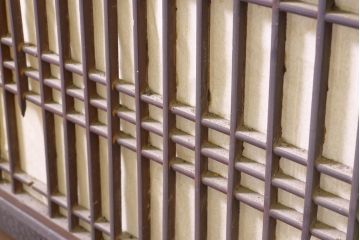 アンティーク建具　鏡板欅(ケヤキ)材　和の情緒あふれる障子帯戸4枚セット(引き戸、板戸、障子戸)(R-074470)