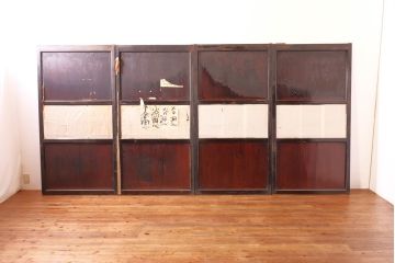 アンティーク建具　鏡板欅(ケヤキ)材　和の情緒あふれる障子帯戸4枚セット(引き戸、板戸、障子戸)(R-074470)