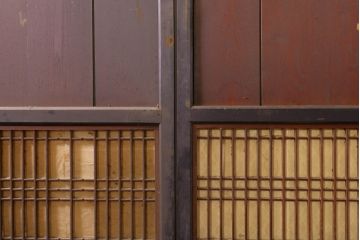 アンティーク建具　鏡板欅(ケヤキ)材　古民家インテリアにもおすすめの障子帯戸3枚セット(引き戸、板戸、格子帯戸、障子戸)(R-074482)