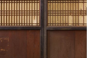 アンティーク建具　鏡板欅(ケヤキ)材　古民家インテリアにもおすすめの障子帯戸3枚セット(引き戸、板戸、格子帯戸、障子戸)(R-074482)