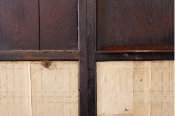 アンティーク建具　鏡板欅(ケヤキ)材　古民家インテリアにもおすすめの障子帯戸3枚セット(引き戸、板戸、格子帯戸、障子戸)(R-074482)