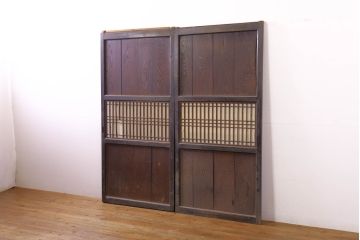 アンティーク建具　鏡板欅(ケヤキ)材　古民家インテリアにもおすすめの障子帯戸2枚セット(引き戸、板戸、格子帯戸、障子戸)(R-074483)