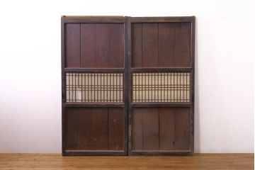アンティーク建具　鏡板欅(ケヤキ)材　古民家インテリアにもおすすめの障子帯戸2枚セット(引き戸、板戸、格子帯戸、障子戸)(R-074483)
