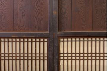 アンティーク建具　鏡板欅(ケヤキ)材　古民家インテリアにもおすすめの障子帯戸2枚セット(引き戸、板戸、格子帯戸、障子戸)(R-074483)