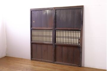 アンティーク建具　長い歴史を刻んだ味わいが魅力的な障子帯戸2枚セット(引き戸、板戸、格子帯戸、障子戸)(R-074484)