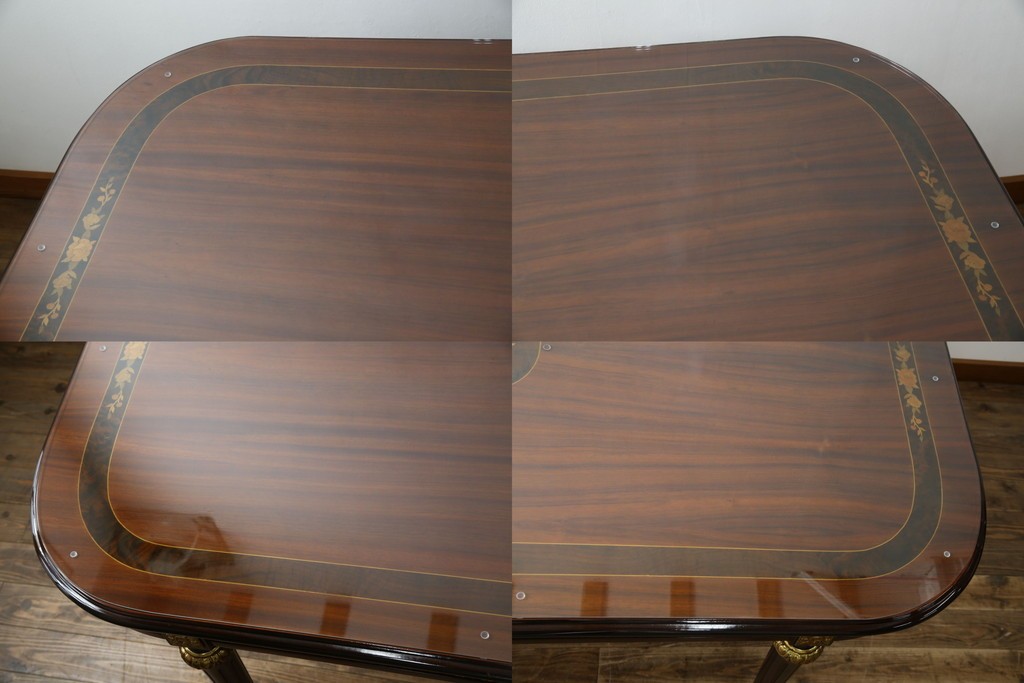 中古　美品　スペイン高級家具　ガラス天板付き　象嵌とゴールドの装飾が高級感を醸し出すダイニングテーブル　(R-074485)