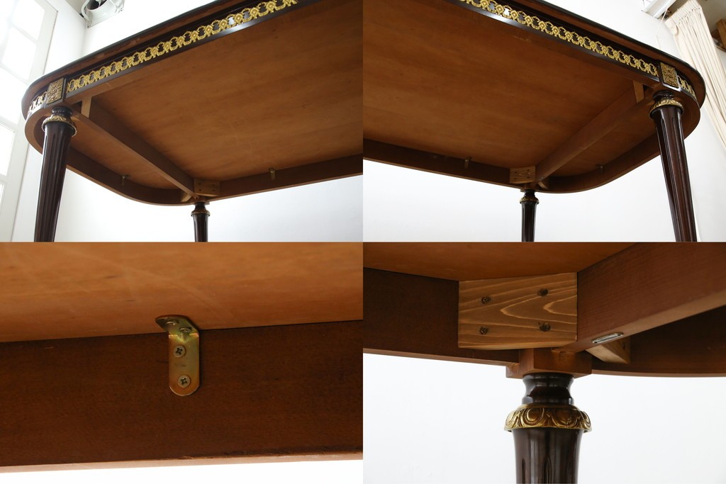 中古　美品　スペイン高級家具　ガラス天板付き　象嵌とゴールドの装飾が高級感を醸し出すダイニングテーブル　(R-074485)