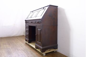 和製ビンテージ　絶版品　北海道民芸家具　カバ材　風格漂う両袖ライティングビューロー(デスク、両袖机、在宅用、在宅ワーク用、ヴィンテージ)(R-074486)