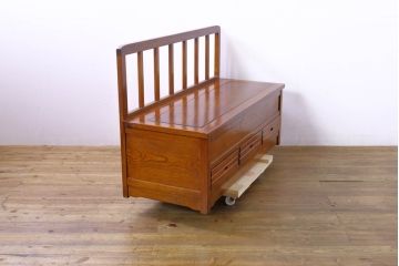 和製ビンテージ　未使用　展示品　民芸家具　欅(ケヤキ)材　収納付きで便利な囲炉裏ベンチ(椅子、ダイニングチェア、板座チェア、ヴィンテージ)(R-074491)