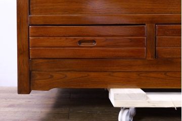 和製ビンテージ　未使用　展示品　民芸家具　欅(ケヤキ)材　収納付きで便利な囲炉裏ベンチ(椅子、ダイニングチェア、板座チェア、ヴィンテージ)(R-074491)