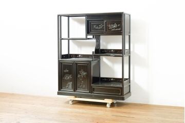 和製ビンテージ　未使用　展示品　縞黒檀(シマコクタン)材　和の空間作りにおすすめの飾り棚(茶棚、違い棚、収納棚、戸棚、ヴィンテージ)(R-074494)