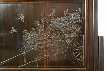 和製ビンテージ　黒檀(コクタン)材　華やかな彫刻のデザインが目を惹く衝立て(つい立て、衝い立て、仕切り、パーテーション、ヴィンテージ)(R-074495)