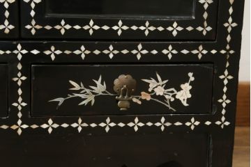 アジアンビンテージ　螺鈿(ラデン)　象嵌　描かれた自然の風景が美しいキャビネット(収納棚、戸棚、ヴィンテージ)(R-074528)
