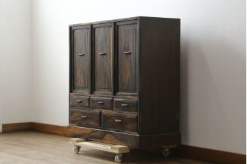 和製アンティーク　指物工芸品!!　前面黒柿くじゃく杢　天板・側面・裏板キハダ材　ケンドン板戸鏡板無垢材　渋い色味と独特な杢目が目を惹く高級書箱(本箱、収納棚、書棚、戸棚)(R-074534)