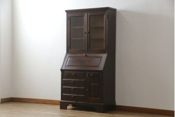 中古　北海道民芸家具　上品な雰囲気漂うビューローブックケース(ライティングビューロー、簿記机、引き出し、ブックシェルフ、本棚、飾り棚、収納棚、戸棚、ワークデスク、在宅ワーク、在宅用)(R-074555)