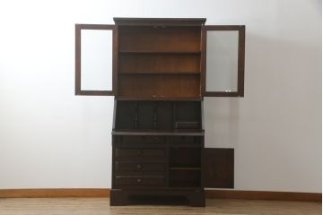 中古　北海道民芸家具　上品な雰囲気漂うビューローブックケース(ライティングビューロー、簿記机、引き出し、ブックシェルフ、本棚、飾り棚、収納棚、戸棚、ワークデスク、在宅ワーク、在宅用)(R-074555)