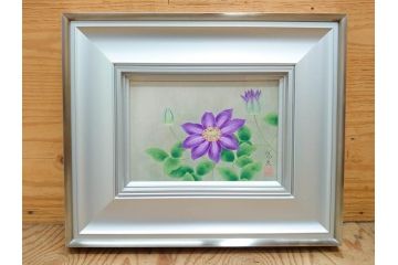 真作　京都　日本画家　井上富夫　「鉄線」(共シール、絵画、額装、箱付き)(R-074565)