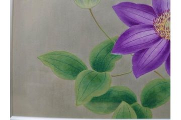 真作　京都　日本画家　井上富夫　「鉄線」(共シール、絵画、額装、箱付き)(R-074565)
