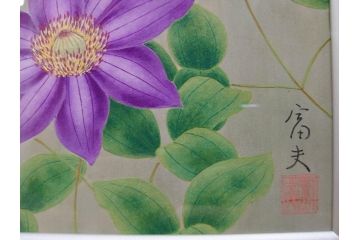 真作　京都　日本画家　井上富夫　「鉄線」(共シール、絵画、額装、箱付き)(R-074565)