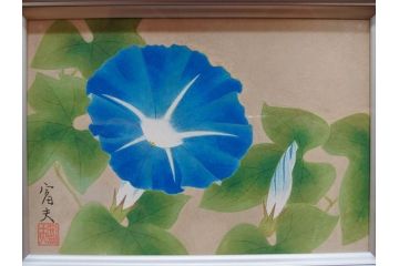 真作　京都　日本画家　井上富夫　「朝顔」(アサガオ、共シール、絵画、額装、箱付き)(R-074566)