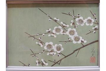 真作　京都　日本画家　井上富夫　「白梅」(ウメ、共シール、絵画、額装、箱付き)(R-074567)