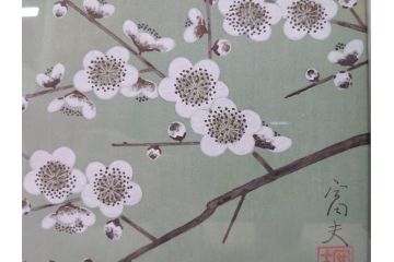 真作　京都　日本画家　井上富夫　「白梅」(ウメ、共シール、絵画、額装、箱付き)(R-074567)
