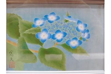 真作　京都　日本画家　井上富夫　「八仙花」(紫陽花、共シール、絵画、額装、箱付き)(R-074568)