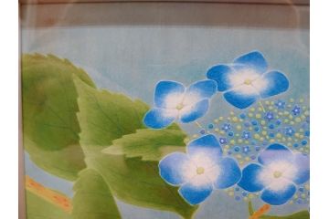 真作　京都　日本画家　井上富夫　「八仙花」(紫陽花、共シール、絵画、額装、箱付き)(R-074568)