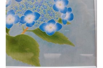 真作　京都　日本画家　井上富夫　「八仙花」(紫陽花、共シール、絵画、額装、箱付き)(R-074568)