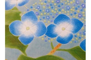 真作　京都　日本画家　井上富夫　「八仙花」(紫陽花、共シール、絵画、額装、箱付き)(R-074568)