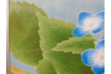 真作　京都　日本画家　井上富夫　「八仙花」(紫陽花、共シール、絵画、額装、箱付き)(R-074568)