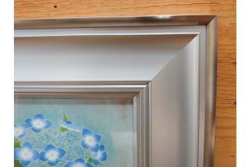 真作　京都　日本画家　井上富夫　「八仙花」(紫陽花、共シール、絵画、額装、箱付き)(R-074568)