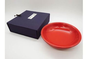 輪島塗　慶塚作　朱塗　約24cm　8寸　艶やかな漆塗りが美しい菓子器(漆器、菓子皿、箱付き、八寸)(R-074572)