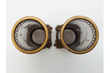 稀少　フランス　1880年〜1900年頃　オールドバカラ　Baccarat　ジャポニズム　花鳥文　金彩　台座付き　細やかな意匠が施されたエレガントな雰囲気溢れる花瓶2個セット(フルレッドクリスタルガラス、筒型、花器、花入れ、箱付き)(R-074575)