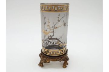 稀少　フランス　1880年〜1900年頃　オールドバカラ　Baccarat　ジャポニズム　花鳥文　金彩　台座付き　細やかな意匠が施されたエレガントな雰囲気溢れる花瓶2個セット(フルレッドクリスタルガラス、筒型、花器、花入れ、箱付き)(R-074575)