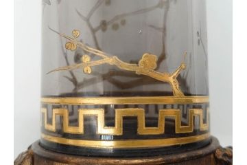 稀少　フランス　1880年〜1900年頃　オールドバカラ　Baccarat　ジャポニズム　花鳥文　金彩　台座付き　細やかな意匠が施されたエレガントな雰囲気溢れる花瓶2個セット(フルレッドクリスタルガラス、筒型、花器、花入れ、箱付き)(R-074575)