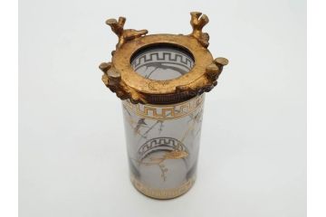 稀少　フランス　1880年〜1900年頃　オールドバカラ　Baccarat　ジャポニズム　花鳥文　金彩　台座付き　細やかな意匠が施されたエレガントな雰囲気溢れる花瓶2個セット(フルレッドクリスタルガラス、筒型、花器、花入れ、箱付き)(R-074575)